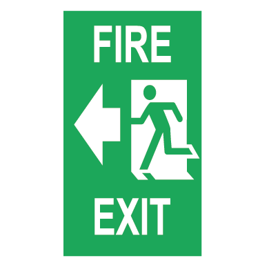 SORTIE DE FEU AVEC FLÈCHE POINTANT À GAUCHE ET HOMME COURANT