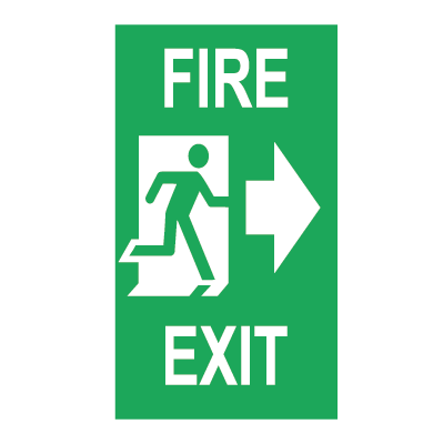 SORTIE DE FEU AVEC FLÈCHE POINTANT À DROITE ET HOMME COURANT