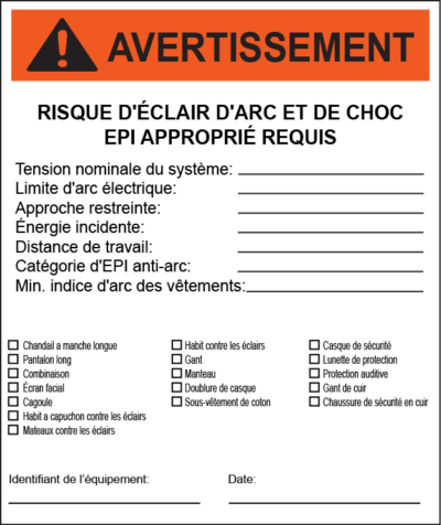 Liste de contrôle des epi d’avertissement arc flash vertical